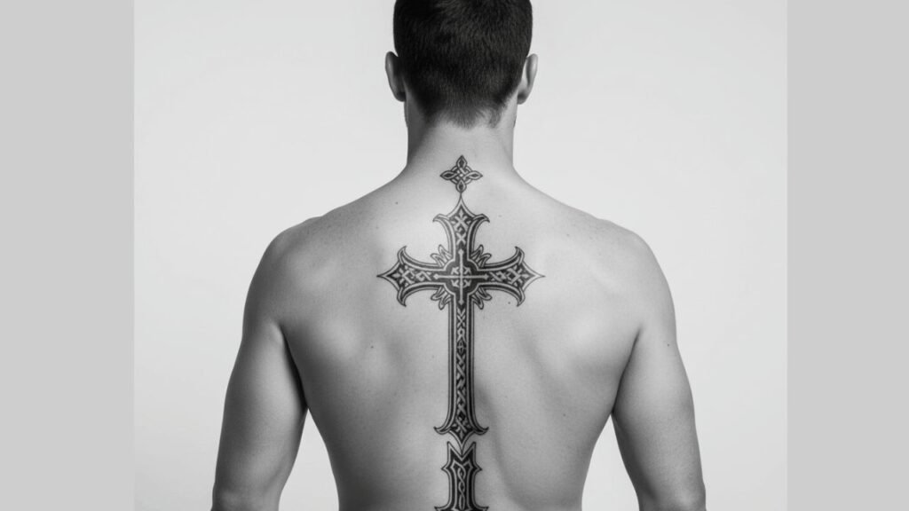 Cross spine tattoo for men featuring a vertical cross aligned along the center of the back
