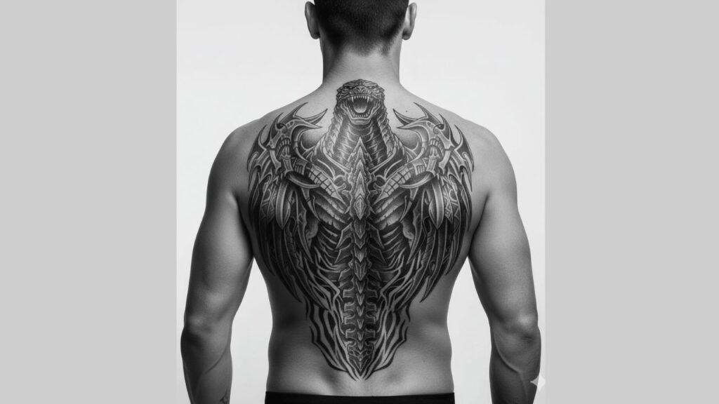 Godzilla spine tattoo for men featuring a vertical Godzilla design running along the spine