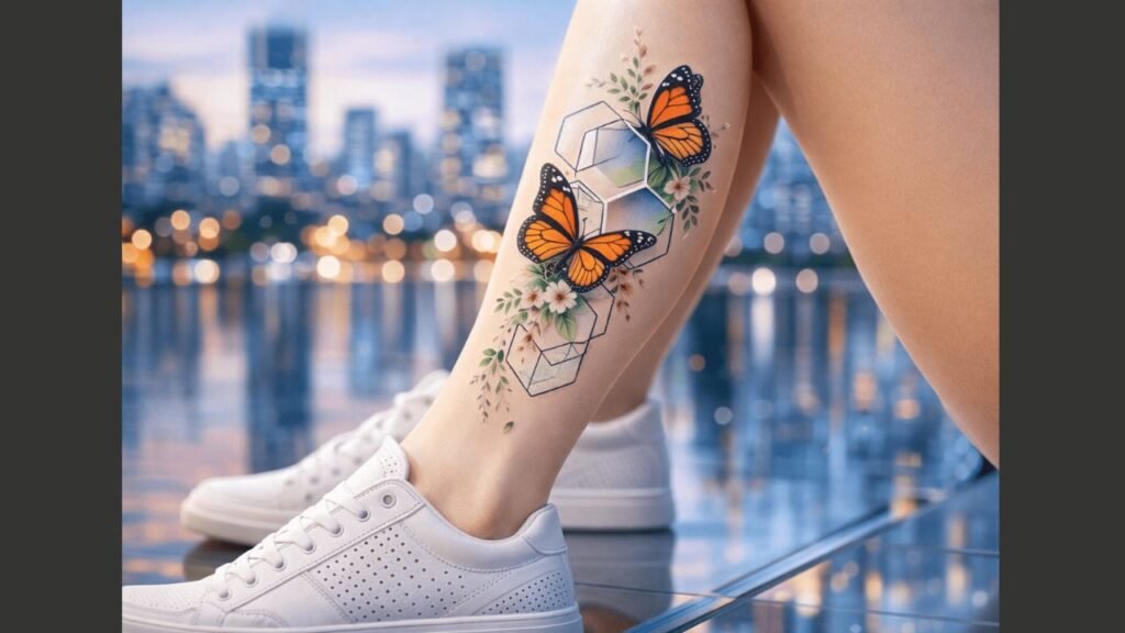 Leg tattoo for women with floral and geometric design showing feminine style and elegance