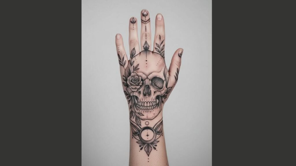 Skull hand tattoo for women symbolizing strength, resilience, and bold individuality