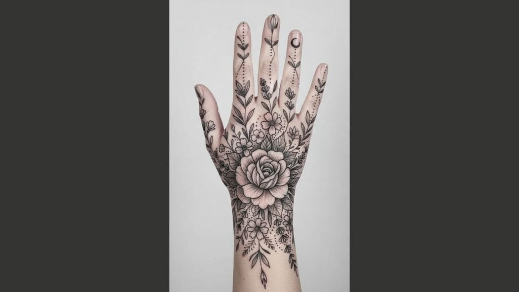 Women’s floral hand tattoo with roses and lilies symbolizing beauty and growth