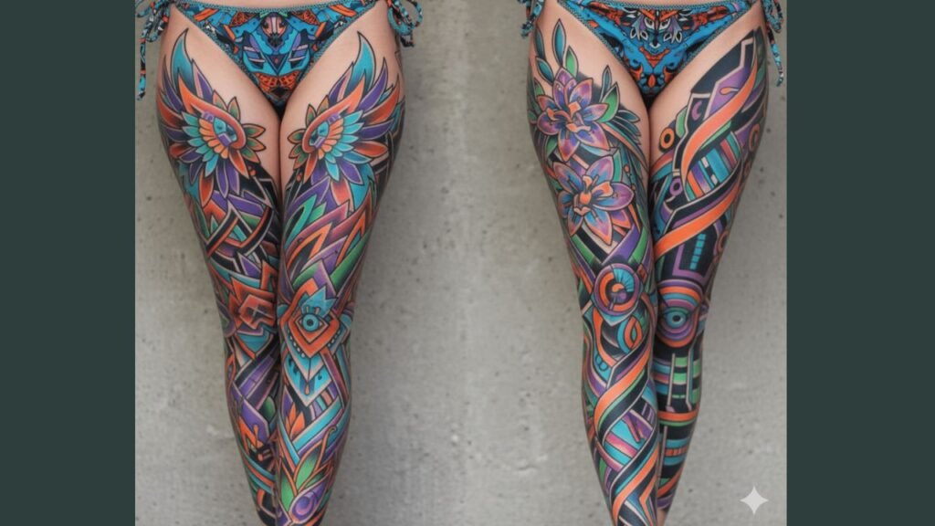 A woman with a large leg tattoo covering her thigh to calf, featuring a detailed floral and mandala design.
