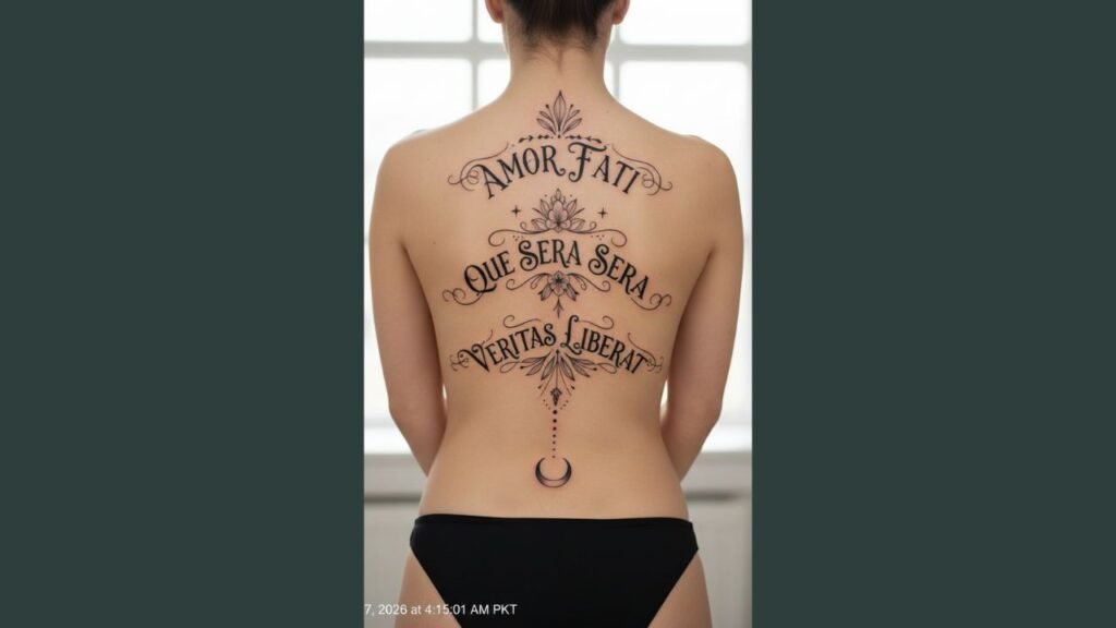 A woman with a quote spine tattoo in cursive font running vertically along her back.