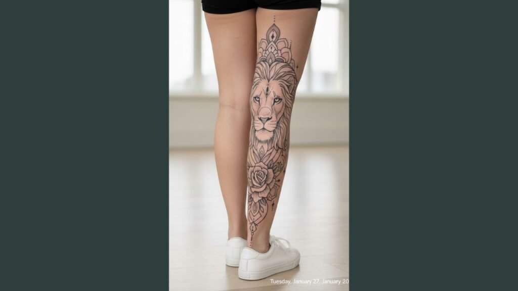 A woman with a Polynesian tribal leg tattoo featuring bold geometric patterns and symbolic motifs.