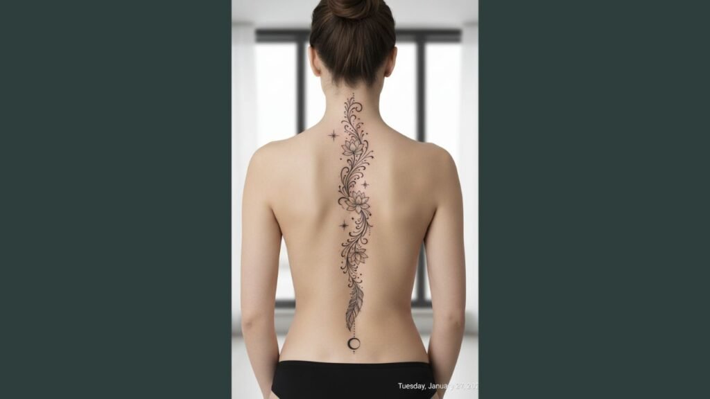 A woman with an elegant spine tattoo featuring fine-line florals and delicate geometric shapes along her back.