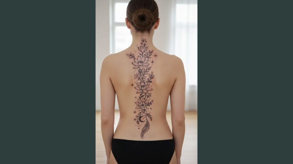 A woman with a floral spine tattoo featuring roses and cherry blossoms running vertically along her back.