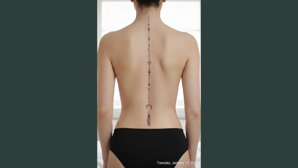 A woman with a fine line spine tattoo featuring tiny florals and minimalist symbols running vertically along her back.