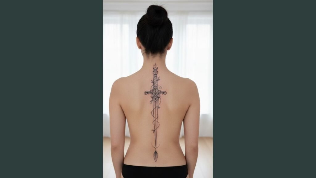 A woman with a vertical sword spine tattoo running along her back from neck to mid-back.