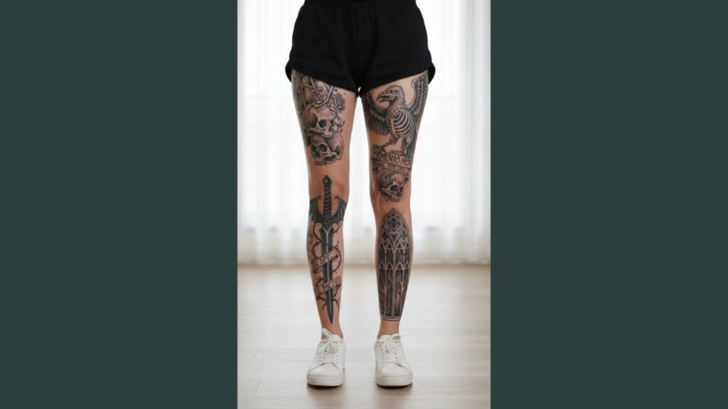 A woman with a gothic leg tattoo featuring a skull, dark floral patterns, and intricate line work on her thigh.