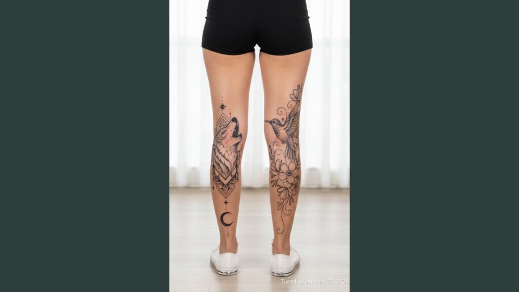 A woman showing a back-of-leg tattoo with a vertical floral design on her calf.