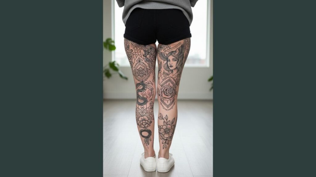 A woman with a bold thigh tattoo featuring a large floral arrangement on her inner thigh.