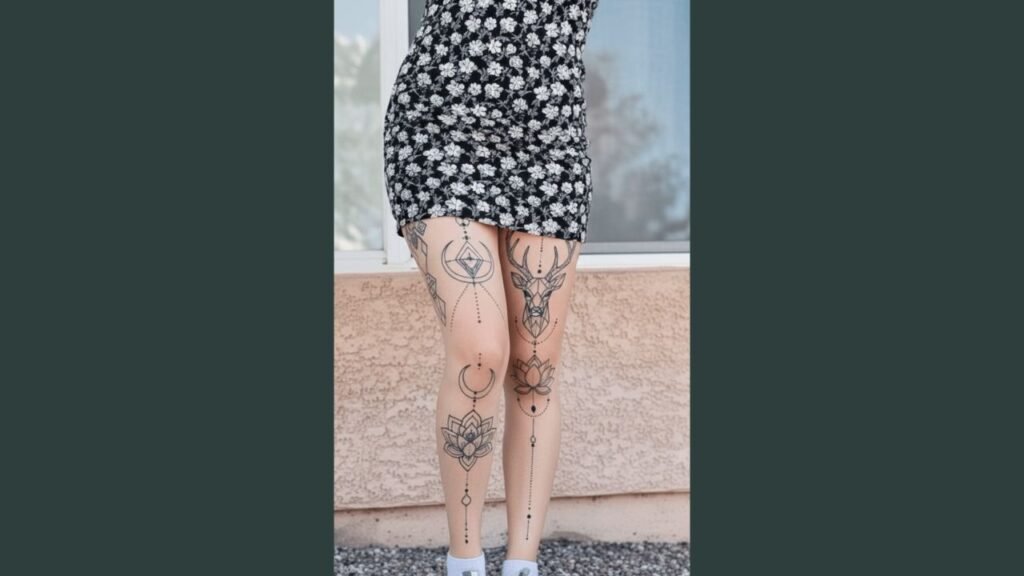 A woman with a simple leg tattoo featuring a tiny flower and arrow on her ankle and calf.