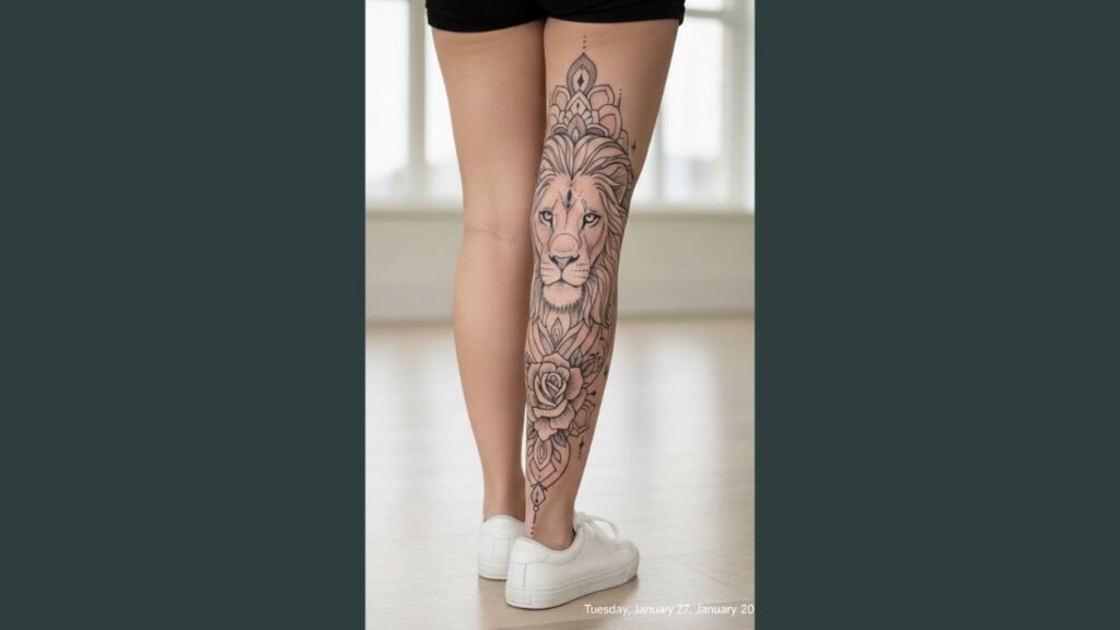 A woman with a lion leg tattoo on her outer thigh, featuring a realistic lion face and artistic details.