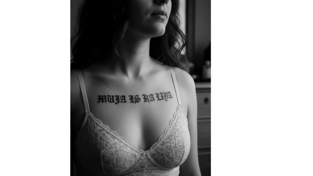 A woman’s chest tattoo featuring a name in cursive script.