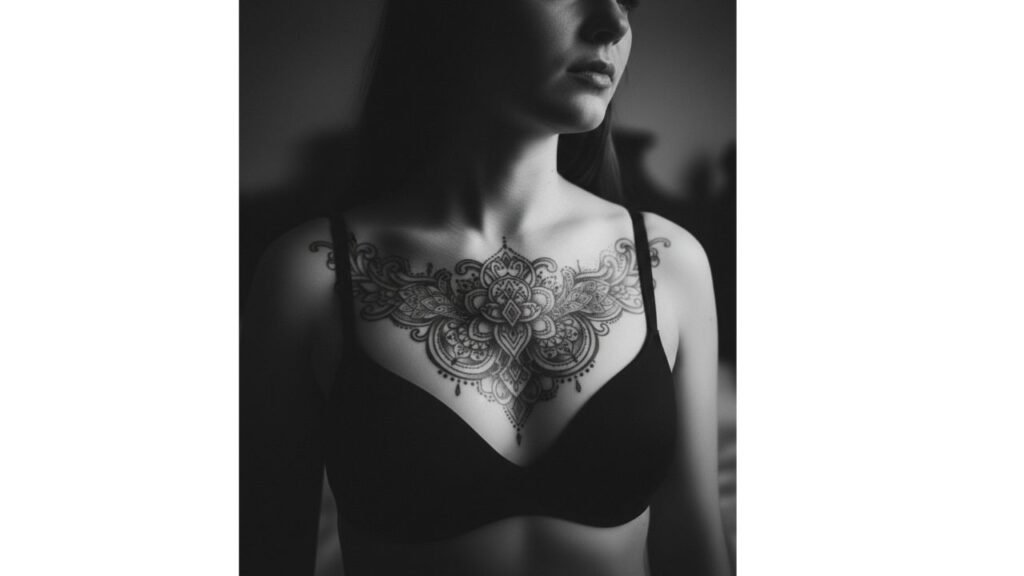An ornamental chest tattoo for women featuring a mandala and lace-inspired design.