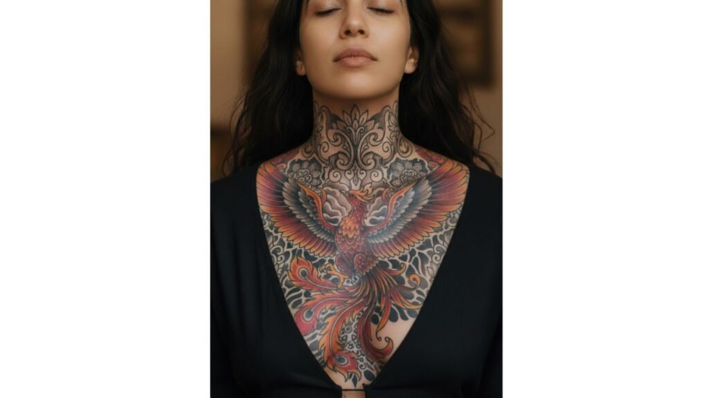A feminine phoenix chest tattoo design featuring a rising phoenix with wings spread across the chest and flames, symbolizing rebirth and strength.
