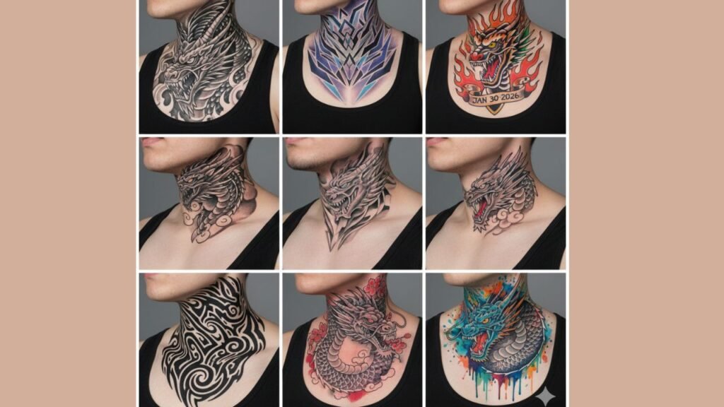 Dragon neck tattoo for men with detailed scales and flowing body, symbolizing strength, wisdom, and power.