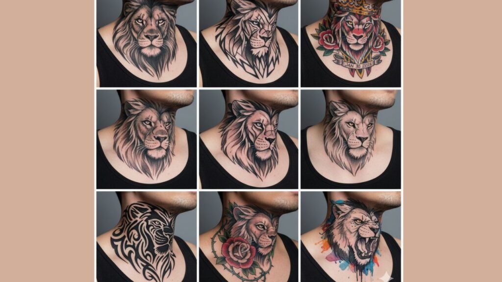 Lion neck tattoo for men featuring a realistic lion face that symbolizes courage, leadership, and power.