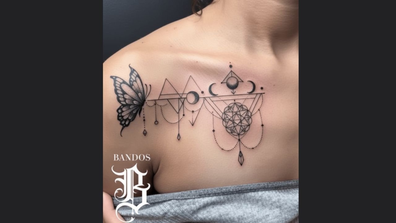 Pretty chest tattoo design for women featuring delicate floral and butterfly elements on the chest.