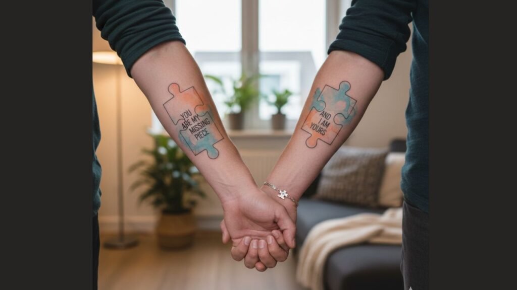 Puzzle piece tattoos on couple’s forearms fitting together