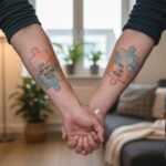 Puzzle piece tattoos on couple’s forearms fitting together