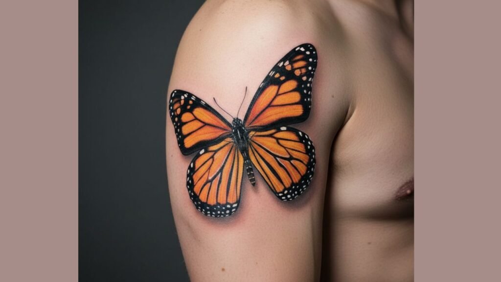 Realistic butterfly tattoo with detailed wings and floating effect on skin