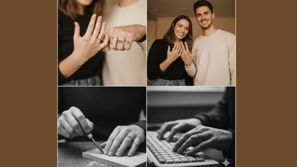 Ring couple tattoos on ring fingers featuring simple bands, engraved initials, or symbols, symbolizing lifelong love and commitment.
