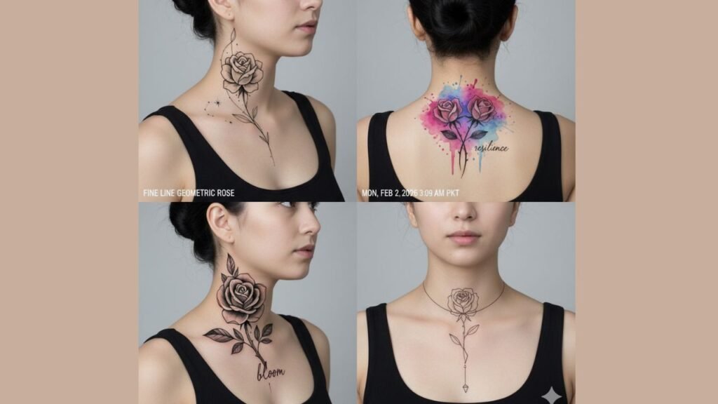 Rose neck tattoo for women featuring a single or clustered rose symbolizing beauty, love, and strength.