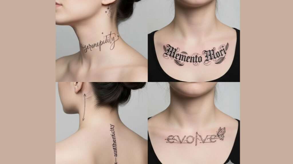 Script neck tattoo for women featuring elegant cursive lettering with a meaningful word or quote.