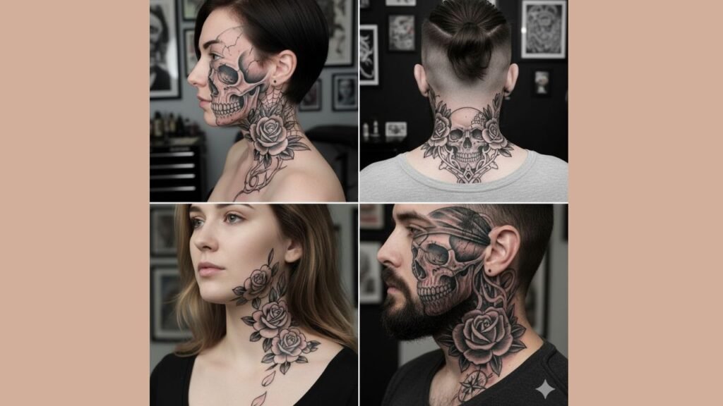 Skull and roses neck tattoo for men showing detailed skull with blooming roses, symbolizing life, death, and strength.