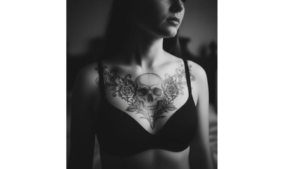 A skull chest tattoo for women featuring floral and geometric patterns.