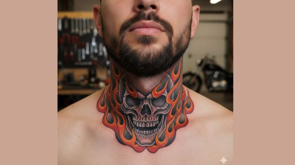 Skull with flames neck tattoo symbolizing power, transformation, and fearless attitude for men.