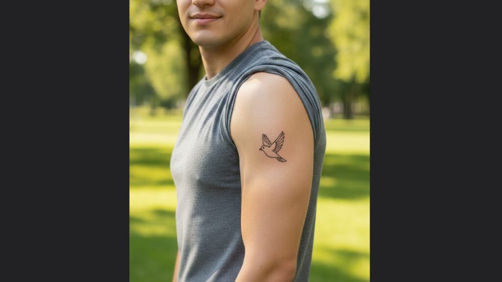 Small bird tattoo for men showing a minimalist flying bird symbolizing freedom and growth
