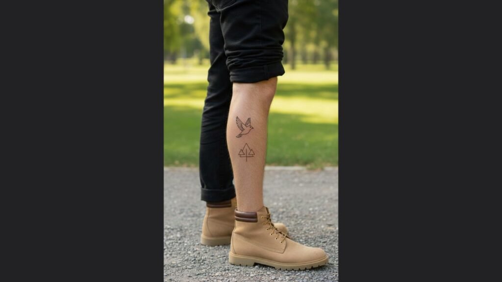 Small calf tattoo for men featuring a minimalist geometric symbol for subtle style and strength