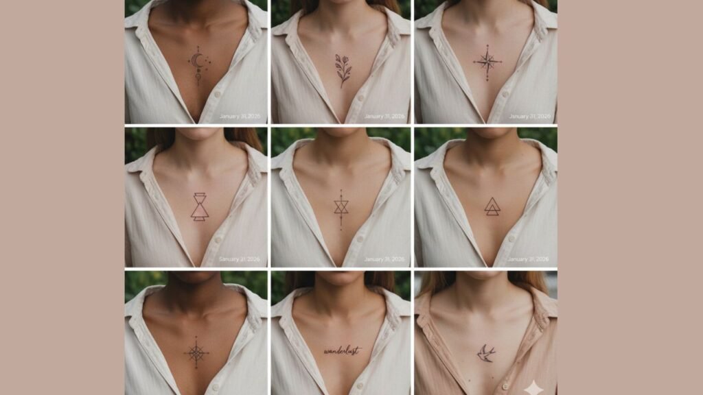 Small chest tattoos for women featuring delicate, minimalist designs with elegant and feminine details.