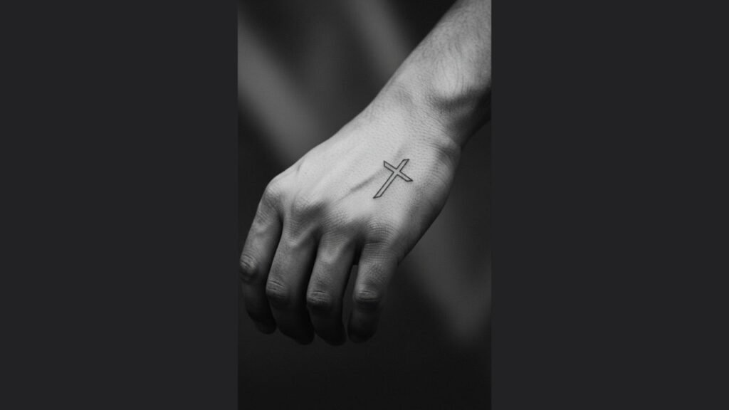 Small Christian tattoo for men featuring a minimalist cross symbolizing faith and spiritual strength