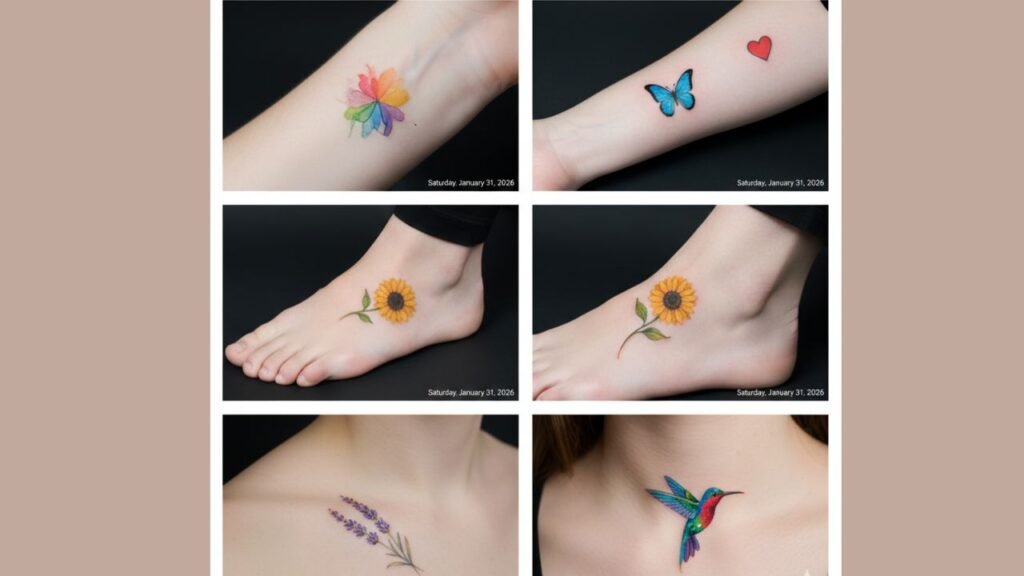 Small colorful tattoo for women featuring tiny flowers, stars, or abstract shapes in soft colors