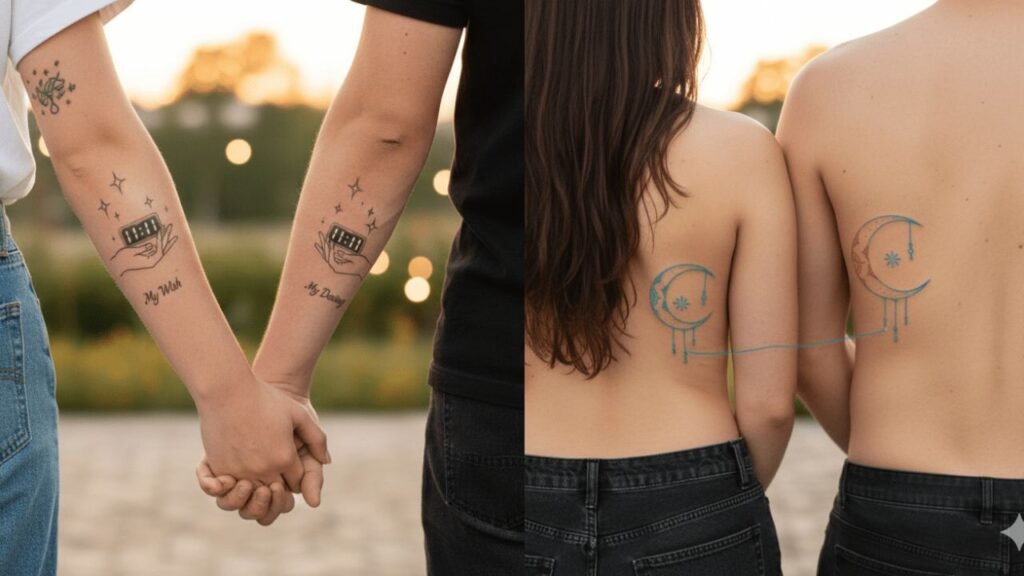 Tiny matching tattoos on a couple’s wrists, symbolizing connection and shared love.