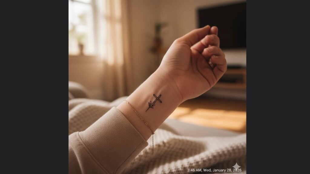 Small cross tattoo for women featuring a minimalist design symbolizing faith, spirituality, and personal strength