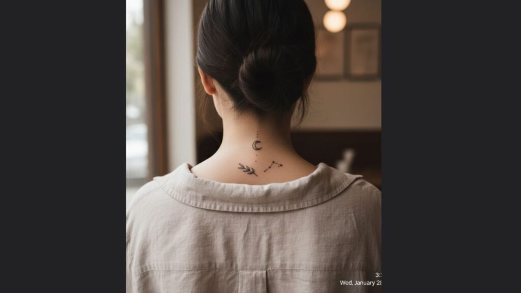 Small neck tattoo for women featuring a delicate heart, star, or moon symbolizing elegance and confidence