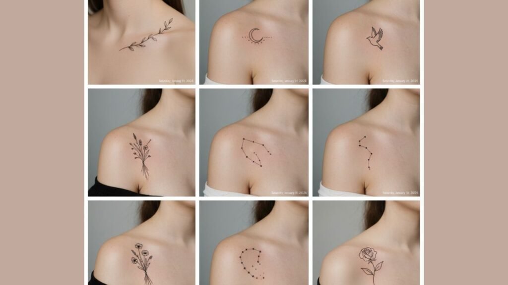 Small shoulder tattoo for women featuring delicate floral patterns, hearts, or symbols on the top or side shoulder