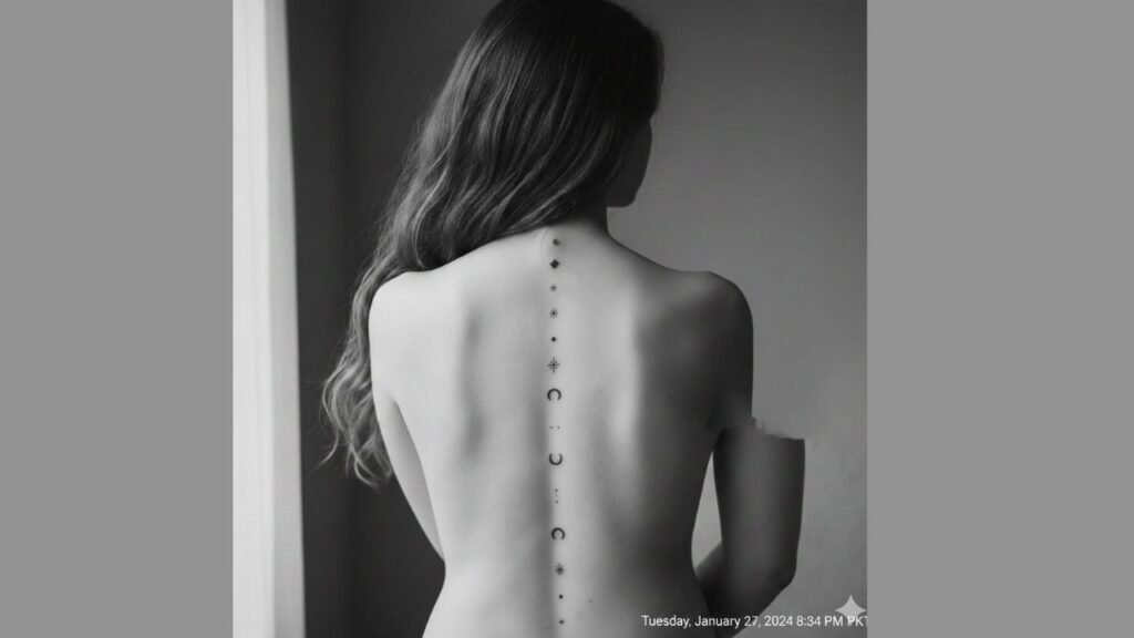 Small spine tattoo for women featuring a tiny minimalist symbol delicately placed along the spine
