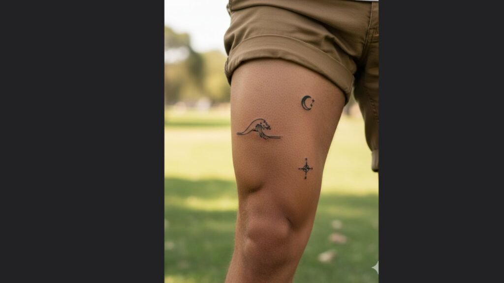 Small thigh tattoo for men with a minimalist symbol representing strength and personal meaning