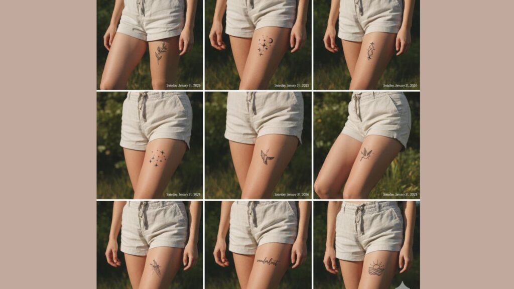 Small thigh tattoos for women featuring delicate, minimalist designs that enhance a feminine and stylish look.