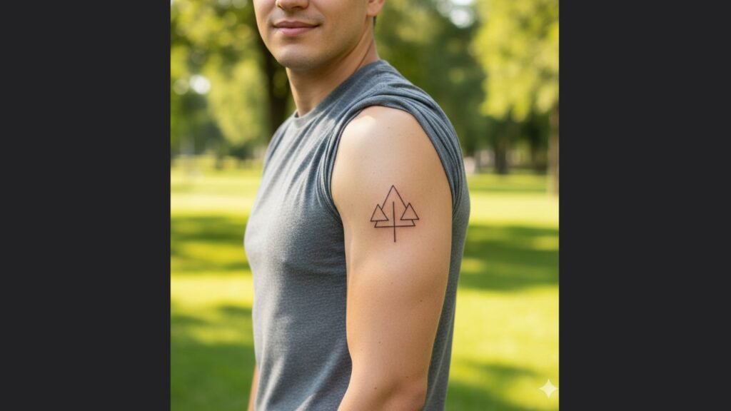 Small upper arm tattoo for men with a minimalist symbol highlighting strength and clean masculine style