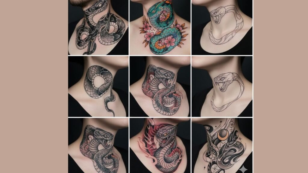Snake neck tattoo design symbolizing transformation, power, and protection with coiled or slithering snake artwork