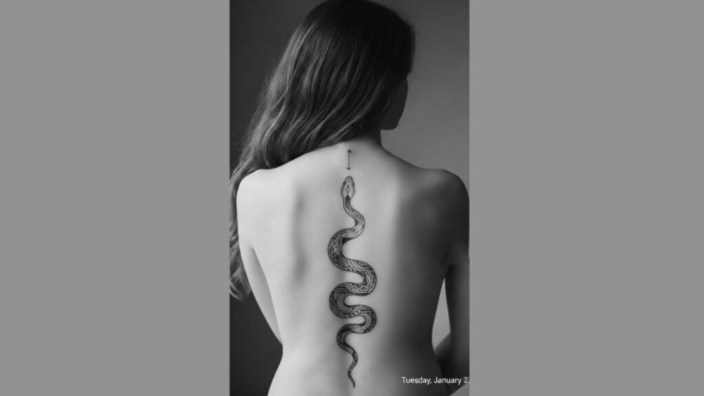 Snake spine tattoo for women featuring a vertical slithering snake design aligned along the center of the back