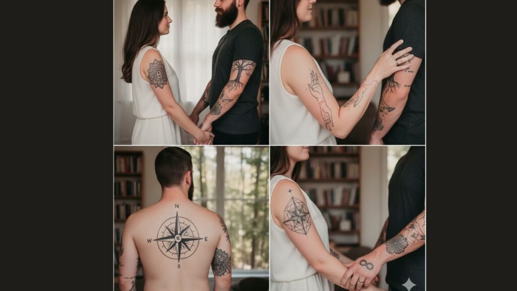Soulmate true love couple tattoos featuring half-heart or intertwined infinity designs on wrists, chest, or inner arms, symbolizing eternal connection and devotion.
