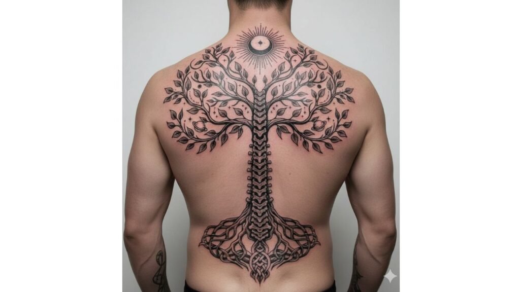 Spine Tree of Life tattoo running vertically along the back, symbolizing inner strength, discipline, and masculine growth