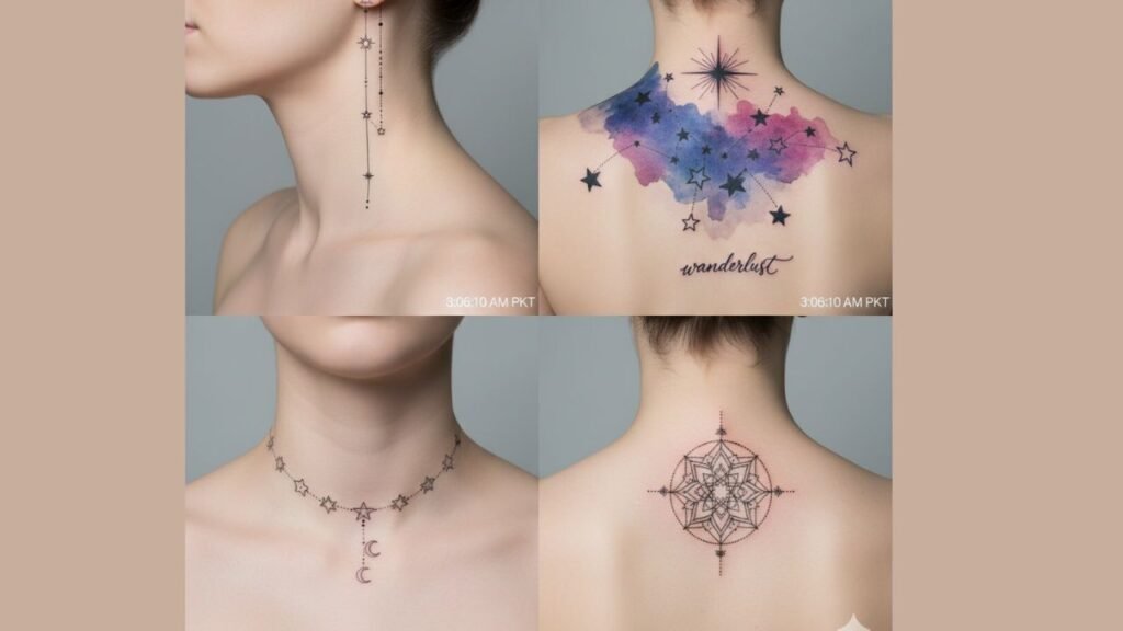 Star neck tattoo for women featuring tiny or clustered stars symbolizing guidance, hope, and inspiration.